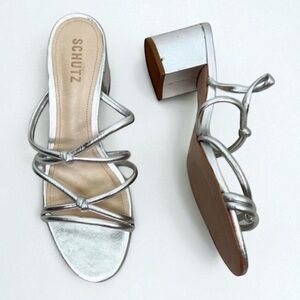 Schutz Silver Strappy Design Block Heel Open Toe Sandal Leather Womens Size 8.5B